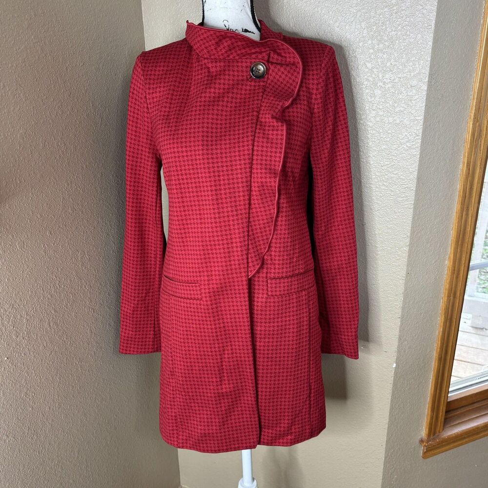 Cabi Coat Womens Small Red Houndstooth Asymmetrical‎ Ruffle Collar Jacket